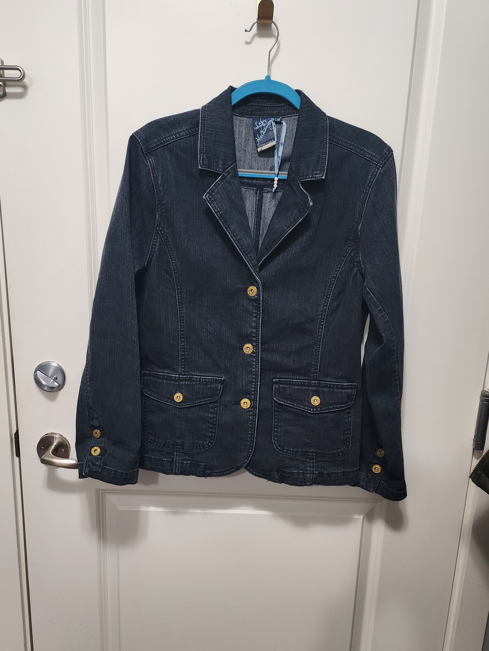 Dark Blue Denim Blazer Jacket with Gold Buttons
